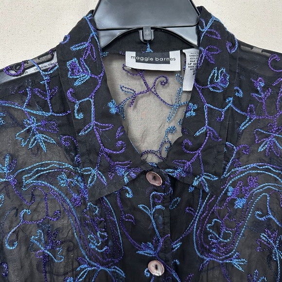 Maggie Barnes Whimsy 100% Silk Embroidered Sheer Shirt Black Paisley Plus 2X Vtg - Picture 2 of 8